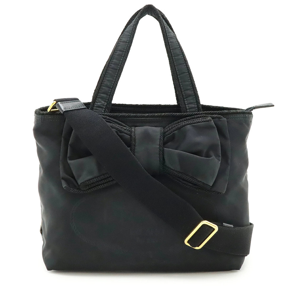 Prada Tote Bag Handbag Shoulder Ribbon Leather NERO Black